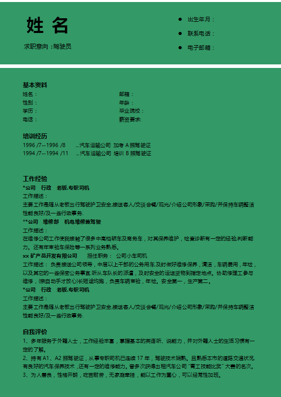 驾驶员简历模板