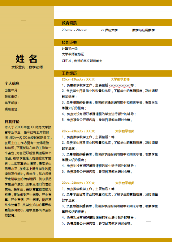 中学数学教师个人简历