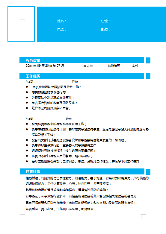 旅游顾问简历模板下载