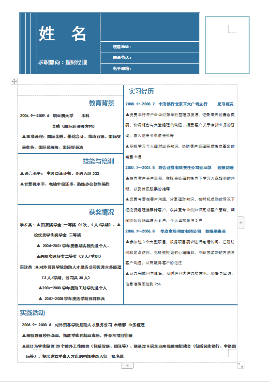 银行理财经理简历模板下载