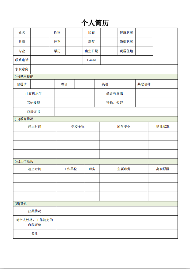 文职类求职简历表格模板