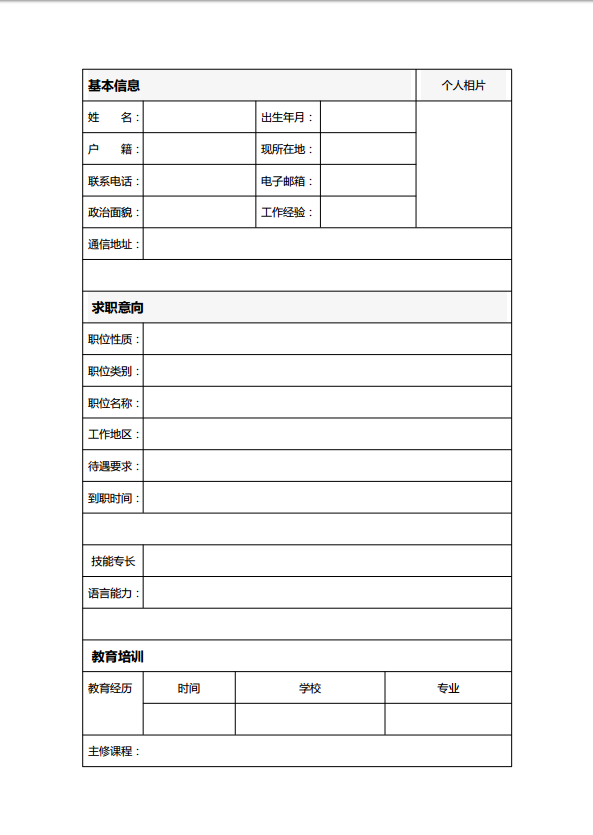厨师简历电子表格