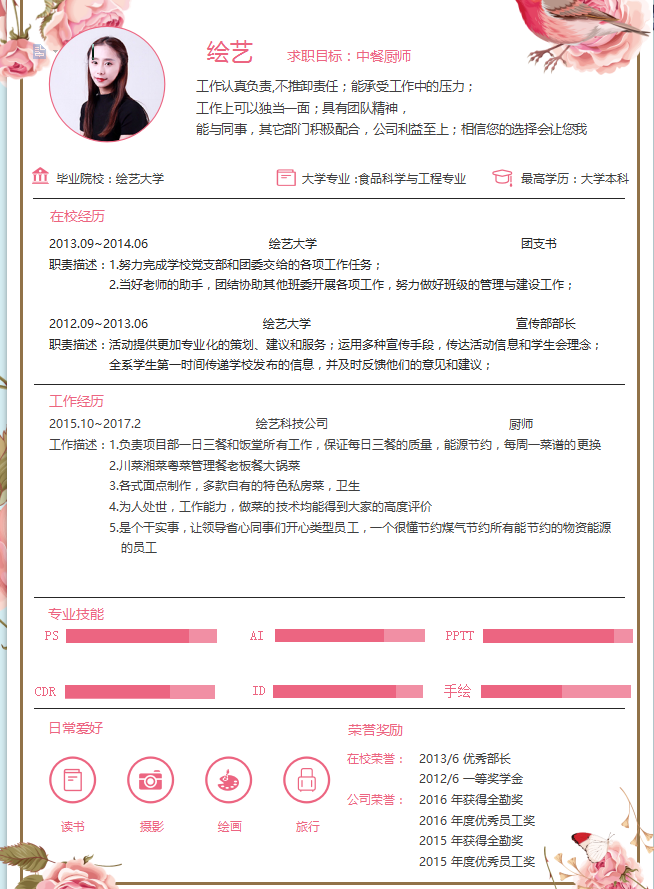 中餐厨师个人简历模板