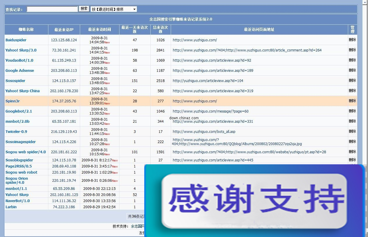 余志国搜索引擎蜘蛛来访记录系统 v2.0