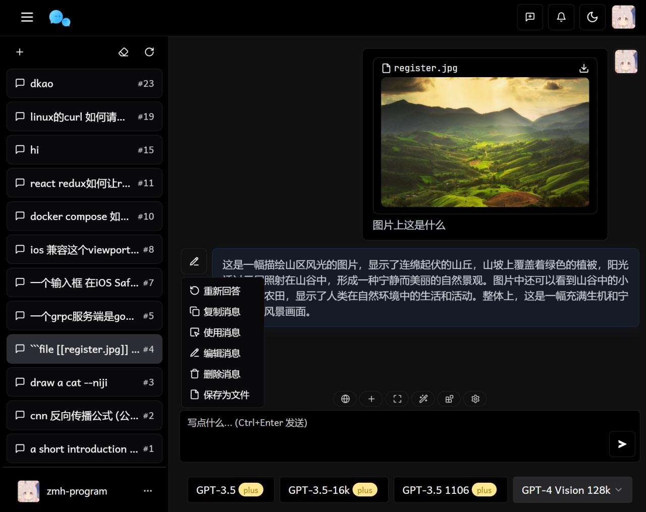 支持 Vision 模型 同时支持 直接上传图片 和 输入图片直链或 base64 图片 功能 (如 GPT-4 Vision Preview Gemini Pro Vision 等模型) 支持 DALL-E 模型绘图 支持 Midjourney / Niji 模